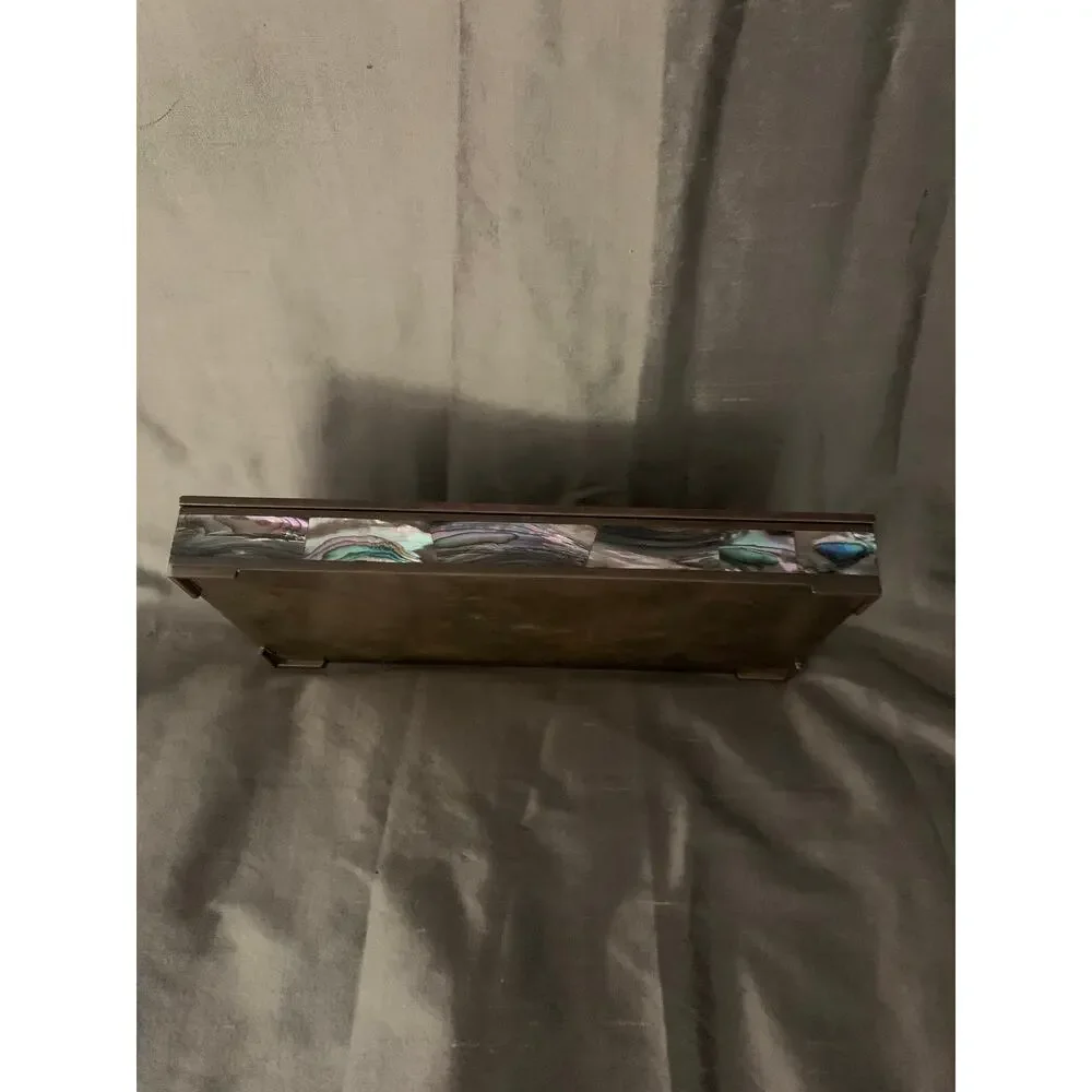 Vintage Mexican Brass Walnut Box | Signed Abalone Inlaid Hinged Trinket Box